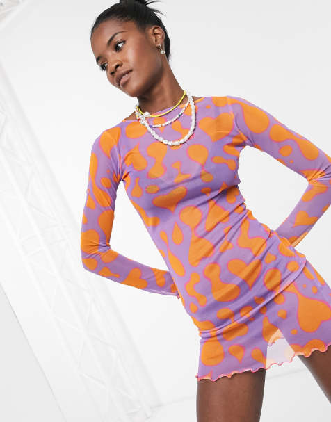 Tara Khorzad mini dress with lettuce hem in love lava print mesh