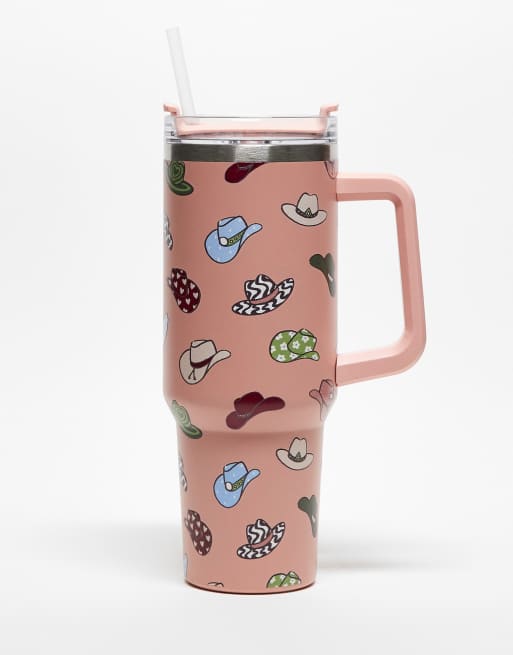 Taza reutilizable con estampado de sombreros de vaquero, asa y pajita de Daisy Street
