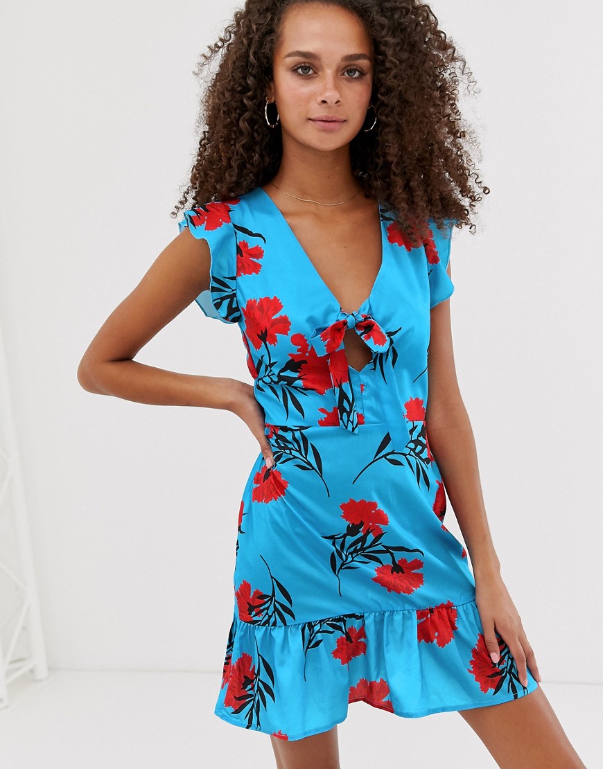 Tea-kjole med frontbinding og blomstret print fra Parisian-Blå
