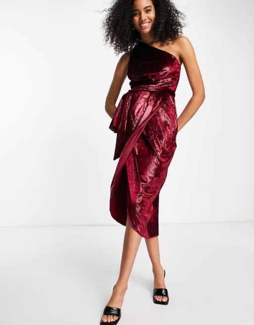 Ted Baker Abinaa one shoulder metalic drape midi dress in red | ASOS