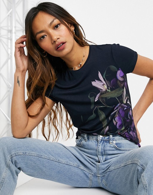 Ted Baker Aidie pomegranate floral fitted t-shirt in navy