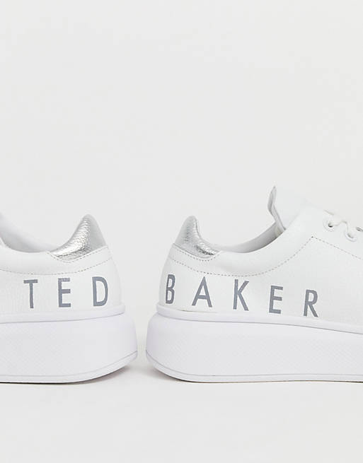New Womens Ted Baker White Ailbaa Leather Trainers Chunky Lace Up 