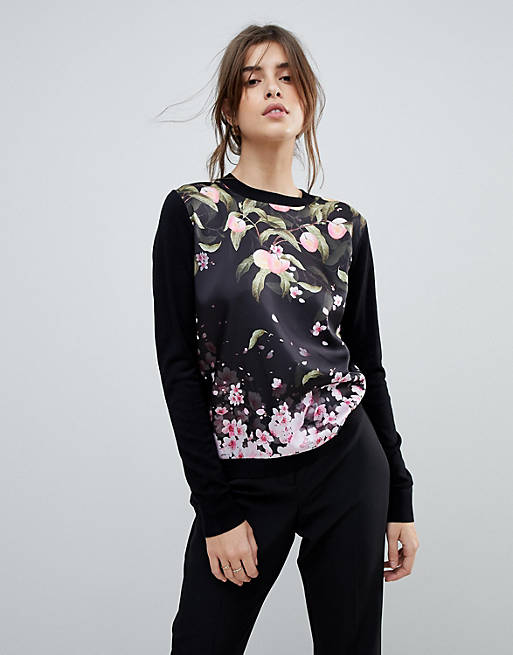 Ted Baker Anthya Woven Front Sweater in Peach Blossom Print | ASOS
