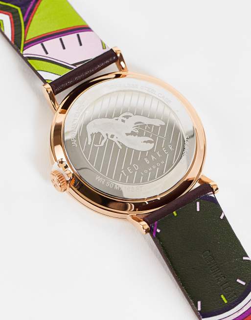 Ted Baker - Armbåndsur med guldfarvet urskive i rustfrit stål og bordeaux læderrem med prægeede detaljer, 4 af 4