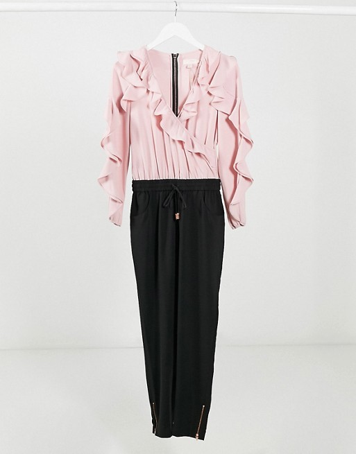 Ted Baker Bethane contrast ruffle jumpsuit in pink