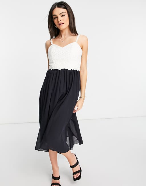 Ted Baker – Biało-granatowa plisowana sukienka midi z kwiatową górą