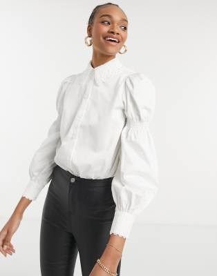 TED BAKER BRIONA COTTON SHIRT WITH PUFF SLEEVE AND LACE TRIM IN WHITE,248544