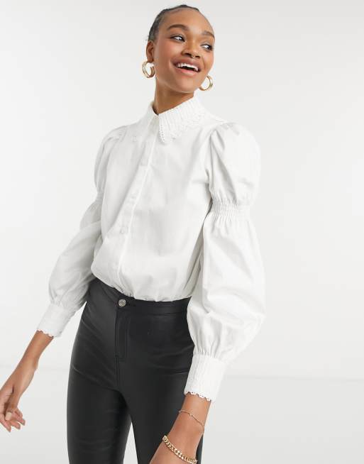 Ted Baker Briona cotton shirt with puff sleeve and lace trim in white