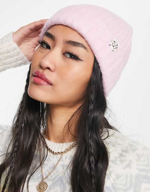 Ted Baker – Britny – Strickmütze in Rosa mit Magnolien-Aufnäher