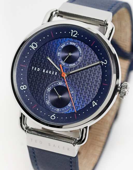Ted Baker - Brixam - Orologio con cinturino in pelle blu navy e color argento