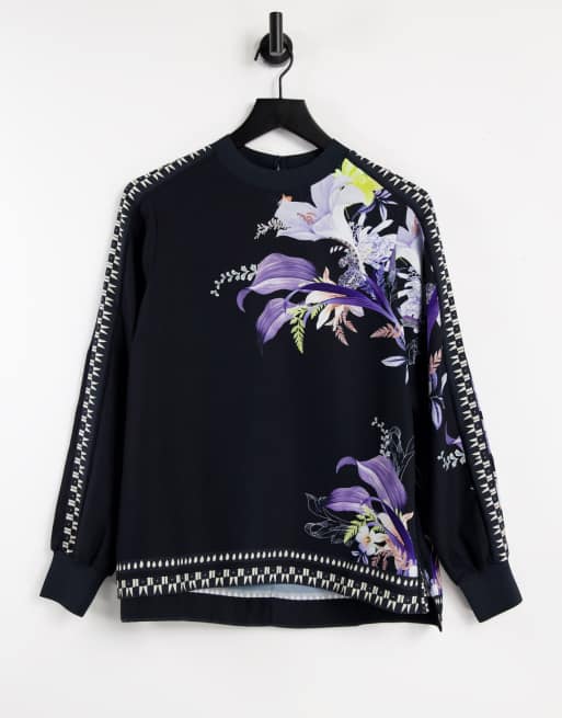 Ted Baker Caella long sleeve top in navy