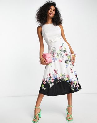 Ted Baker Camylle floral print belted midi dress in ivory