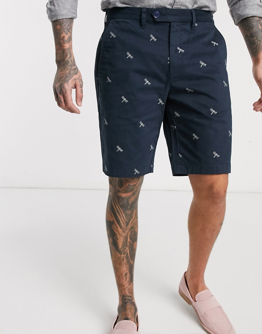 Ted Baker chino shorts with dragon fly embroidery in navy