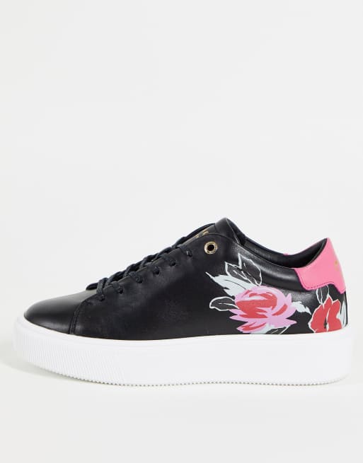 Ted Baker Daffina flower printed platform trainer in black | ASOS