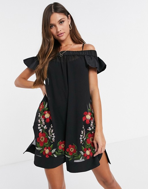 Ted Baker Delmeso embroidered bardot cover up dress in black