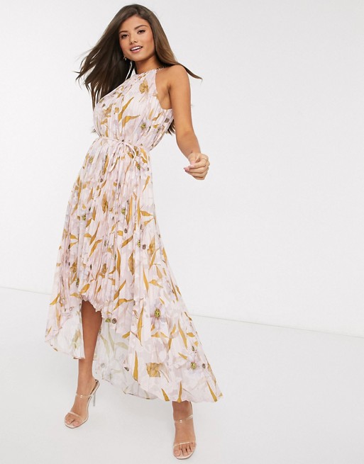 Ted Baker dixxie pleated floral midi dress in light pink