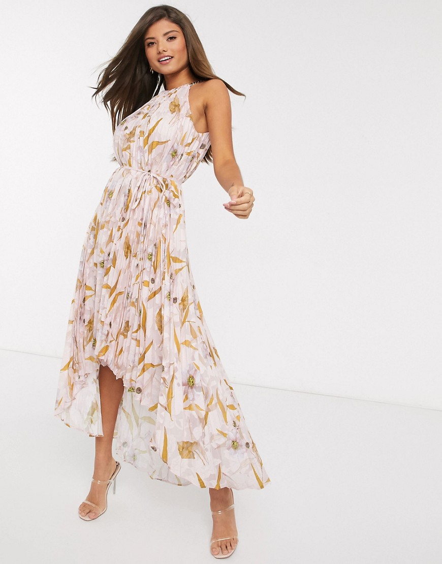 TED BAKER DIXXIE PLEATED FLORAL MIDI DRESS-PINK,242388
