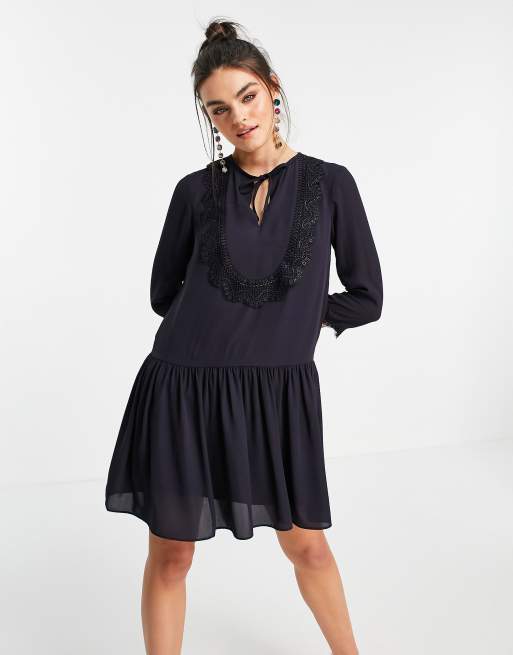 Ted Baker drop waist lace bib dress in navy | ASOS