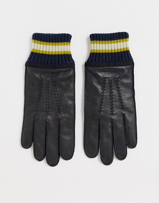 Ted Baker Forchet leather gloves with ribbed cuff in black