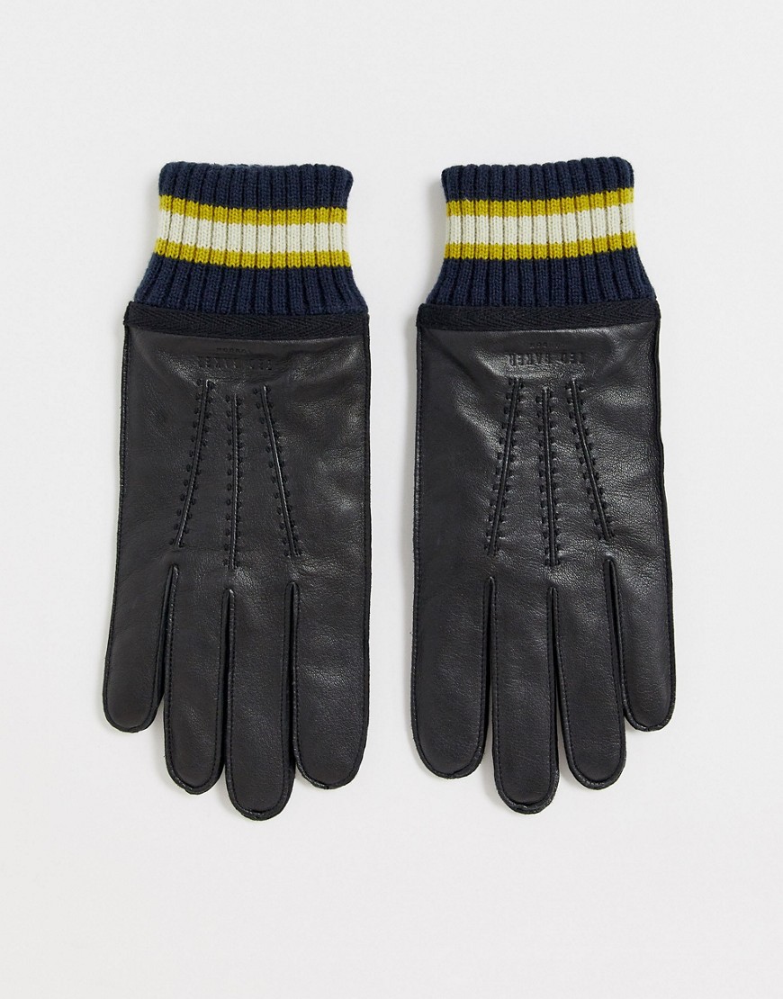 Ted Baker – Forchet – Svarta handskar av läder med ribbad mudd