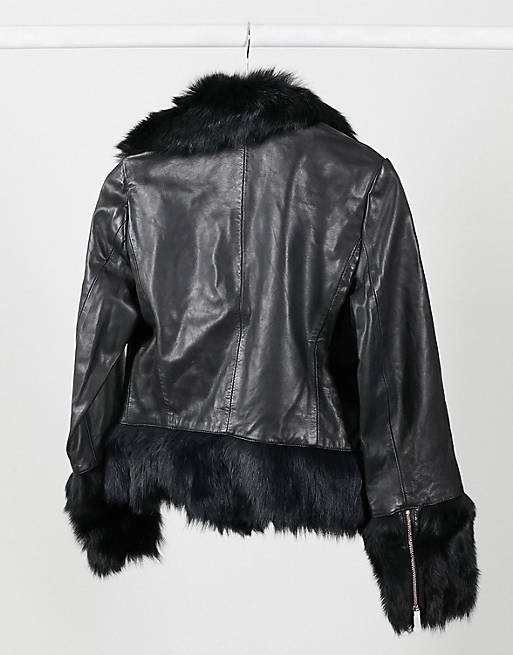 Ted Baker Harlini shearling leather mix jacket in black