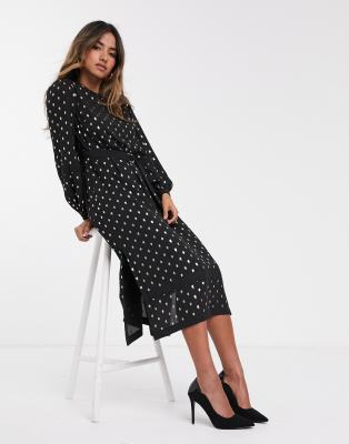 Ted Baker Haylow Tie Cuff Metallic Spot Midi Dress-black