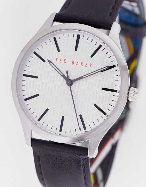 Ted Baker - Horloge met witte wijzerplaat en leren bandje met kiezelstructuur in zwart