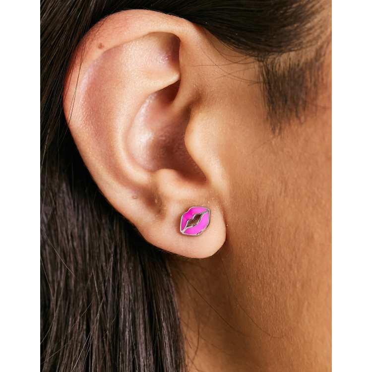 Ted Baker kreshel kiss kiss pink enamel stud earrings in silver | ASOS