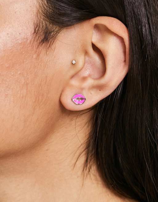 Ted Baker kreshel kiss kiss pink enamel stud earrings in silver | ASOS