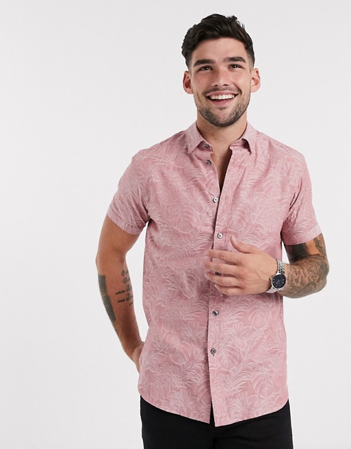 Ted Baker leaf jaquard print short sleeve shirt in pink