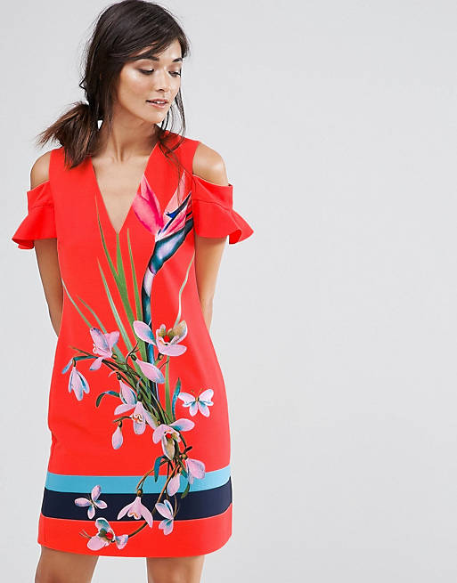 Ted Baker – Leea – Kleid mit Zierausschnitt und tropischem Design