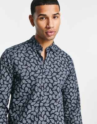 Ted Baker long sleeve paisley print shirt in navy