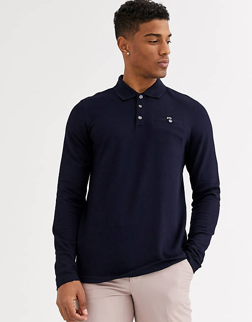 Ted Baker long sleeve polo with waffle knit in navy | ASOS