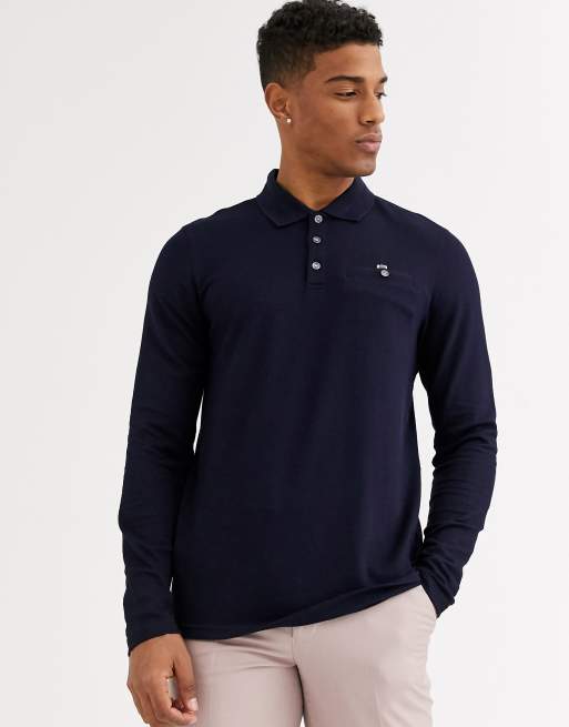 Ted Baker long sleeve polo with waffle knit in navy ASOS