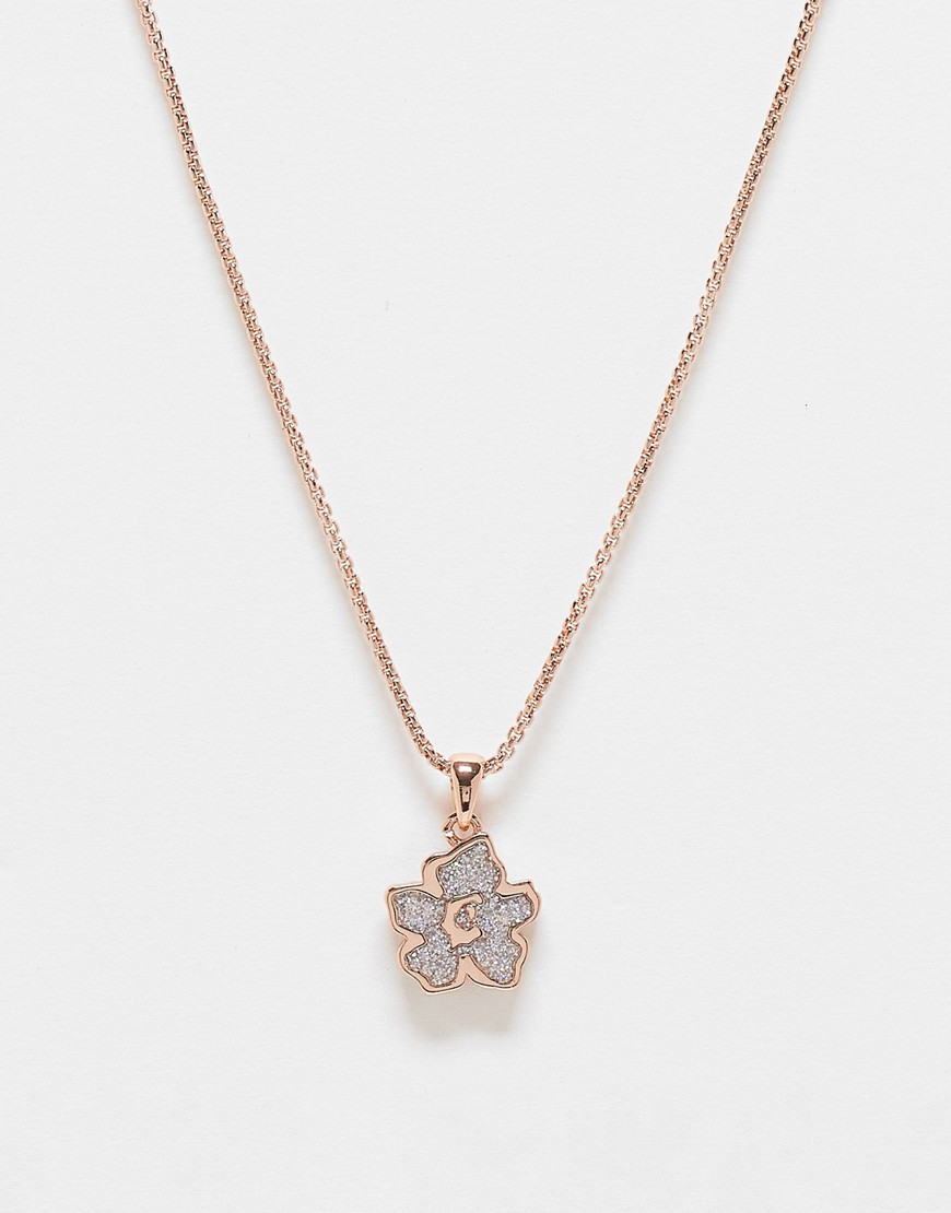Ted Baker Magnolia necklace with floral pendant in rose gold with silver glitter