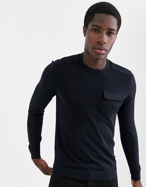 Ted Baker merino military jumper with pocket in navy