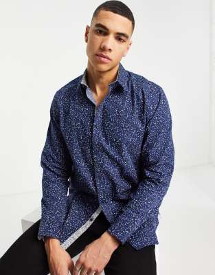 Ted Baker micro floral regular fit shirt in navy