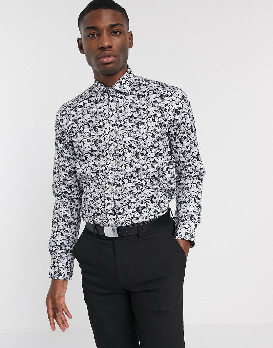 Ted Baker - Net overhemd met zwart-witte bloemenprint in grijs