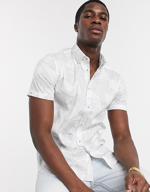 Ted Baker parrot and leaf print short sleeve shirt in white