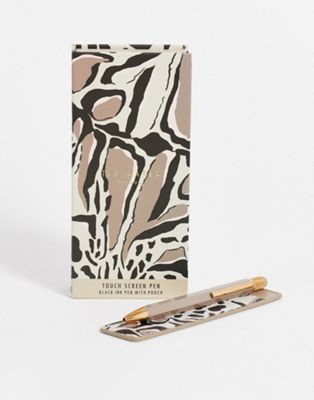 Ted Baker Penchi touch screen pen and pencil case set in cream leopard print