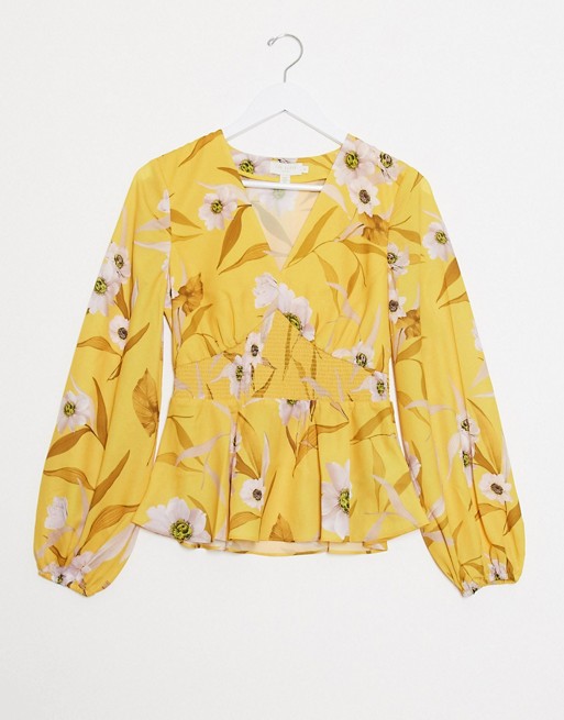 Ted Baker saniyah cabana smocked waist floral blouse in yellow