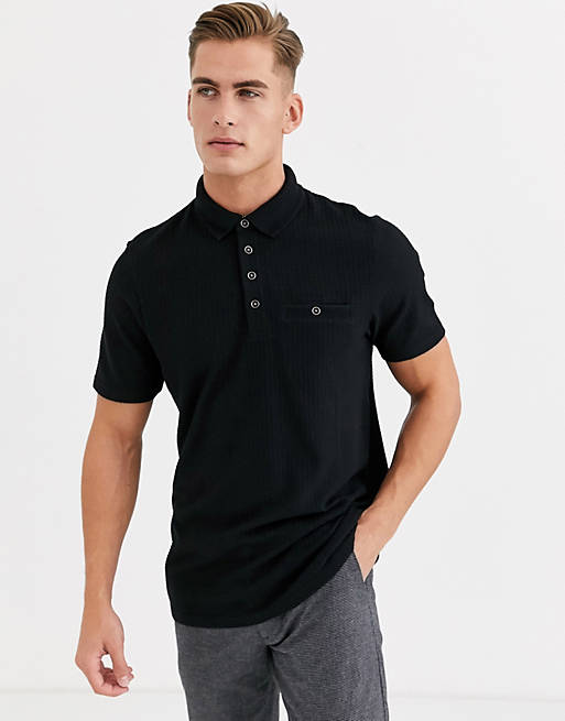 Ted Baker short sleeve polo with waffle knit in black | ASOS