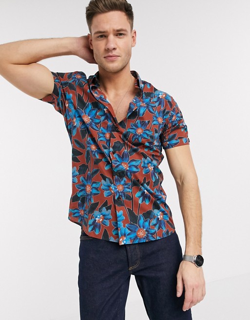 Ted Baker short sleeve shirt with bright floral print in orange