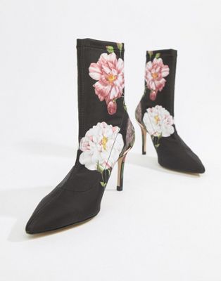 Ted Baker - sokkestøvler med hæl i blomsterprint-Sort