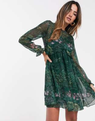 Ted Baker Sorella diamond print long sleeve babydoll dress-Green