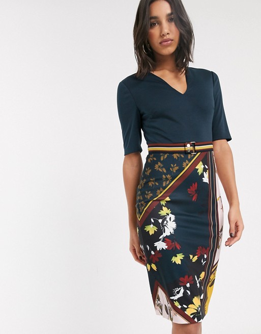 Ted Baker sweetheart neck and spliced print midi dress