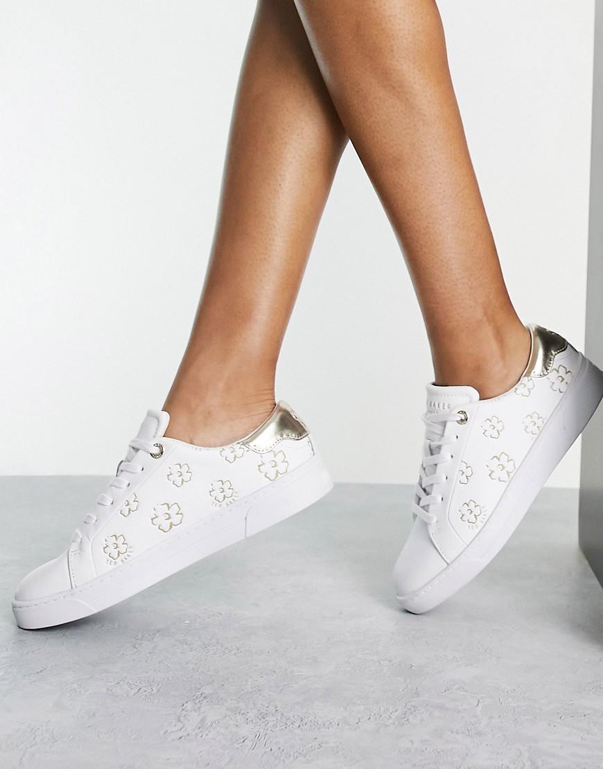 Ted Baker Taliy Trainers With Gold Magnolia Print In White