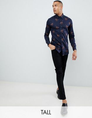 Ted Baker – Tall – Oxfordskjorta med heltäckande pantermönster-Marinblå