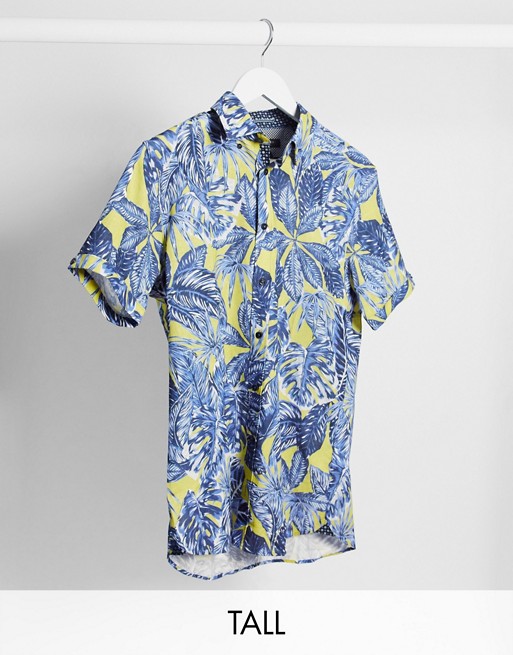 Ted Baker Tall palm leaf print short sleeve shirt in yellow