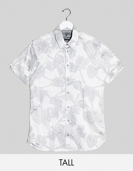 Ted Baker Tall parrot and leaf print short sleeve shirt in white
